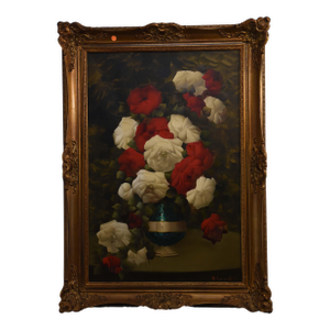 Classic Roses in Verdant Shadows Oil on Canvas by C. Lamont French (1932)