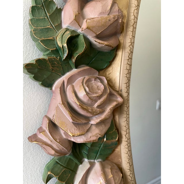 1980s 1980s Vintage French Country Revival Floral Rose Mirror in Blush and Gilt Finish. Horizontal or Vertical Hanging For Sale - Image 5 of 6