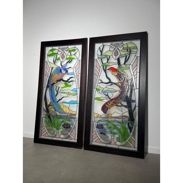 Antique Stained Glass Panels with Exotic Birds, Set of 2 For Sale - Image 4 of 5