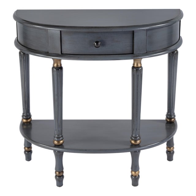 Mozart 31.5 in. W Demilune Wood Hand Painted 1 Drawer Console Table with Lower Open Shelf, Royal Pastel Blue For Sale