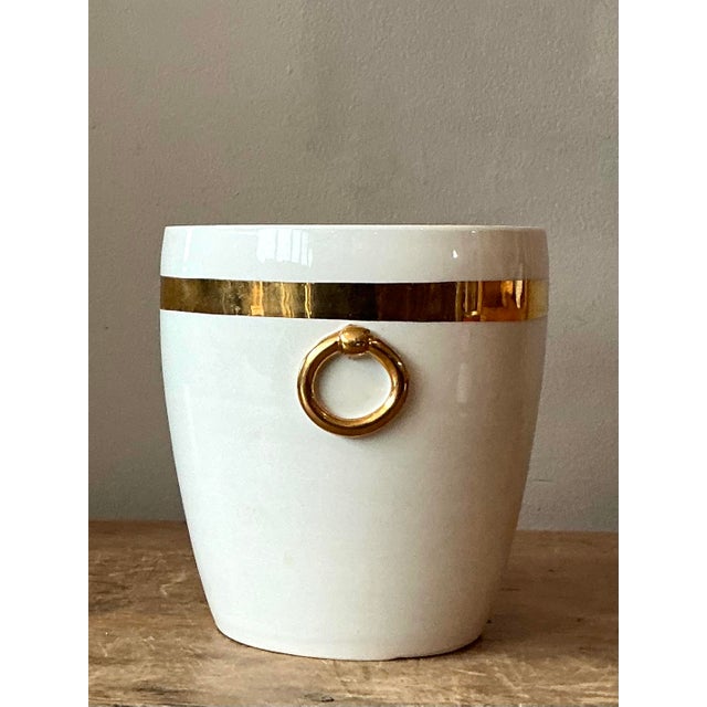 Hollywood Regency Vintage Boho Italian Glazed Ceramic.Gold Rings Cache Pot For Sale - Image 3 of 11