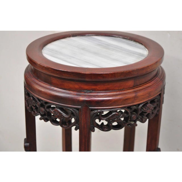 Vintage Chinoiserie Chinese Carved Hardwood Marble Top Pedestal Plant Stand For Sale - Image 11 of 12