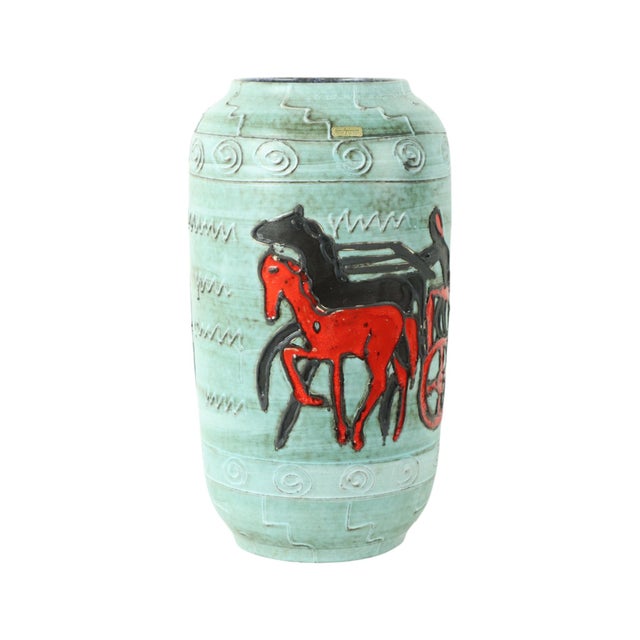 Rare XL Scheurich vase featuring a depiction of a gladiator and a two-horse chariot; hand-painted in black and red against...