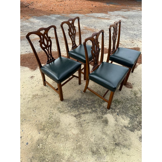 Mid 20th Century Mid 20th Century Chippendale Leather Seat Arm Chairs Set of 4 For Sale - Image 5 of 12