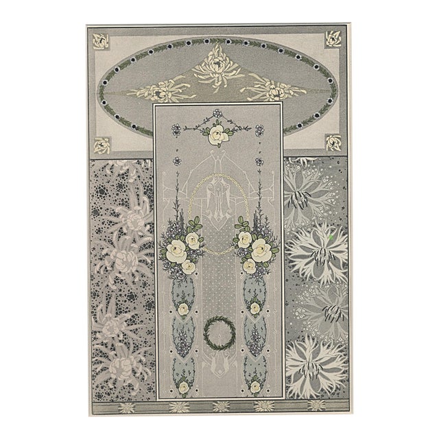 1910 Antique Art Nouveau Botanical Design Chromolithograph, Matted For Sale