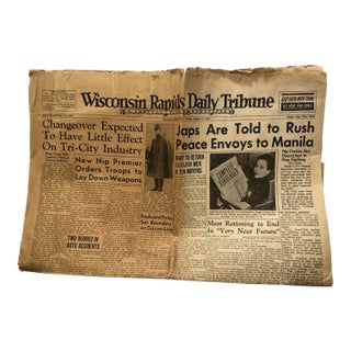 Vintage 1945 Wwii Newspaper Wisconsin Rapids Daily Tribune Japan Surrenders War For Sale