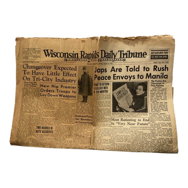 Vintage 1945 Wwii Newspaper Wisconsin Rapids Daily Tribune Japan Surrenders War For Sale