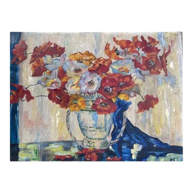 1939 Vintage French Oil Painting – Poppies on Wooden Panel For Sale