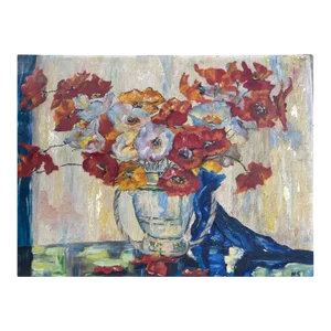 1939 Vintage French Oil Painting – Poppies on Wooden Panel