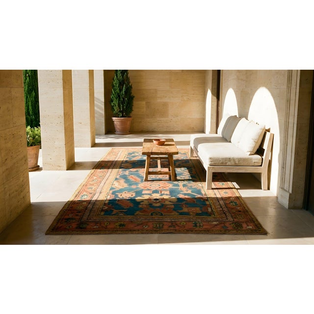 Cerulean Beautiful Light Blue Background Tribal Large Scale Pattern Small Antique Turkish Oushak Rug For Sale - Image 8 of 9