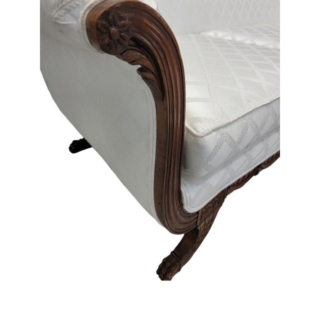 White Antique Duncan Phyfe Style Finely Carved Mahogany Parlor Sofa Reupholstered in White Patterned Silk Blend For Sale - Image 8 of 8