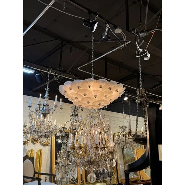Decorative modern disc shaped frosted Murano glass flush mount chandelier after Mazzega. Creates a beautiful textural...