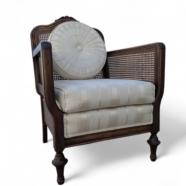 Late 20th Century French Provincial Cane Armchair With Striped Upholstery For Sale - Image 4 of 14