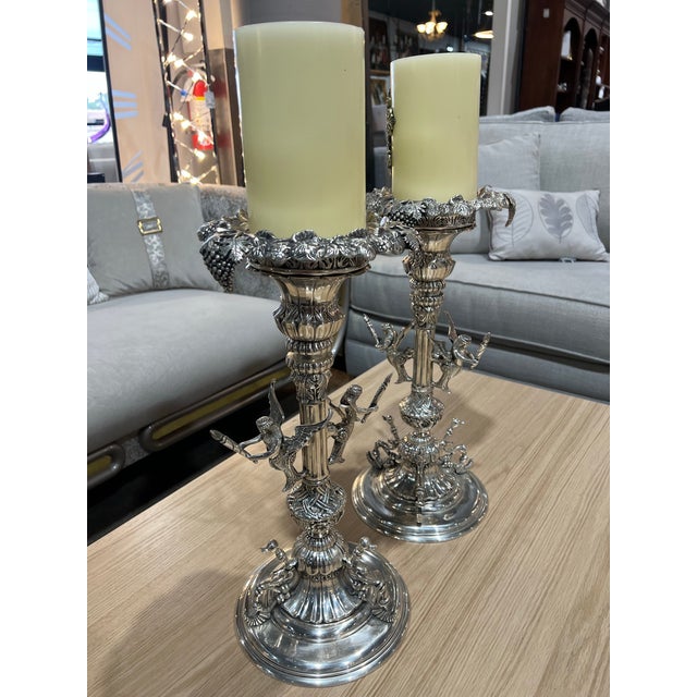 Pair of Silver Plated Candle Holders For Sale - Image 4 of 4