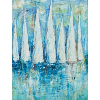 Abstract Sailboats, Contemporary Original Oil Painting on Canvas, Unframed For Sale