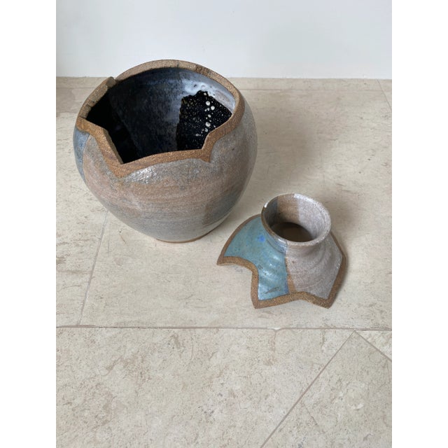 Robin's Egg Blue Vintage 1976 Signed Handmade Ceramic Vessel With Zig Zag Cut Lid For Sale - Image 8 of 11