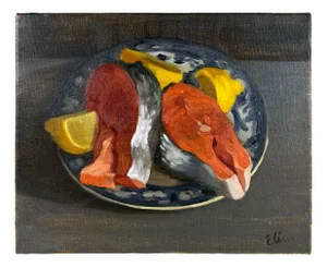 Still Life with Salmon Steaks on a Plate, Small Oil on Canvas, 2000s