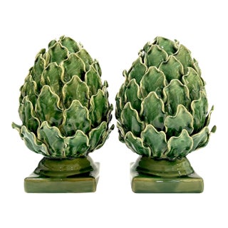 Vintage Majolica Green Faience Artichokes - A Pair For Sale