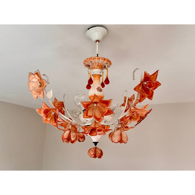 Vintage Italian Murano Style Amber Brown Floral Chandelier - Porcelain Body With Crystal Teardrops For Sale - Image 11 of 18