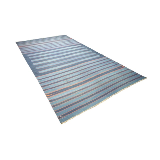 Traditional Vintage Dhurrie Rug in Bluewith Stripes, From Rug & Kilim For Sale - Image 3 of 6