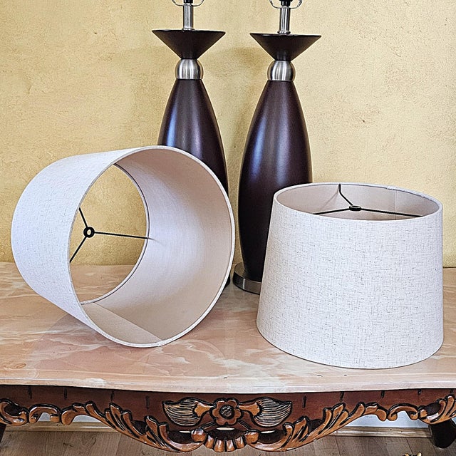 Pair of Contemporary Espresso Wood Hourglass Lamps With Brushed Nickel Accents and Linen Shades For Sale - Image 16 of 18