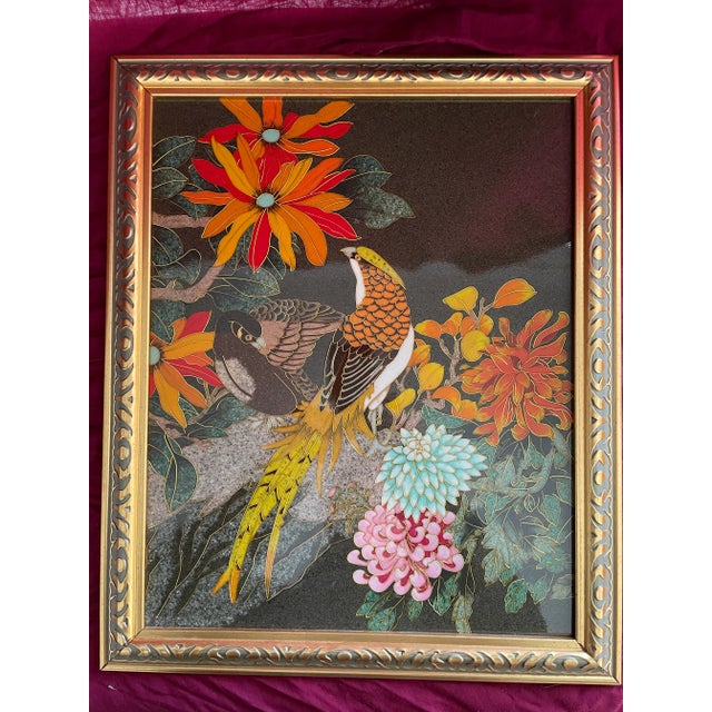 Mid-Century Modern Vintage Lava Stone Cloisonné Painting Pair, Gold Wire Inlay With Birds & Floral For Sale - Image 3 of 9