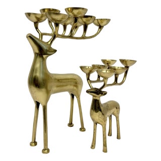 Mid Century Set of Solid Brass Reindeer Candelabra Sculptures Vtg. For Sale