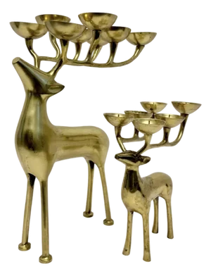 Mid Century Set of Solid Brass Reindeer Candelabra Sculptures Vtg.