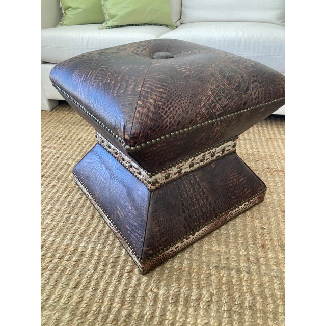 Brown Faux Crocodile Custom Ottoman With Nailheads Brown For Sale - Image 8 of 8