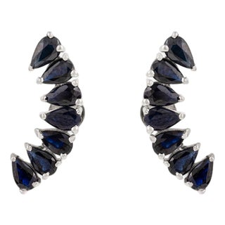 Sterling Silver Teardrop Blue Sapphire Ear Climber Earrings- 2 Pieces For Sale