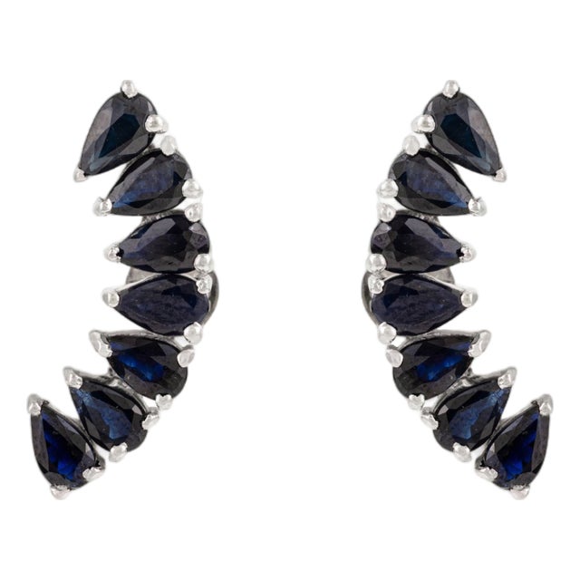 Sterling Silver Teardrop Blue Sapphire Ear Climber Earrings- 2 Pieces For Sale