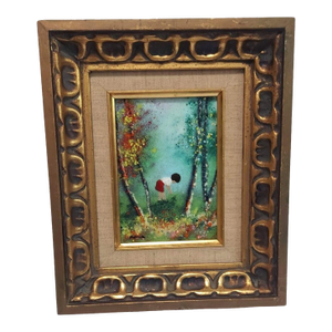 Late 20th Century Fleming Child in the Woods Red Shorts Painting Enamel on Copper Framed Vertical