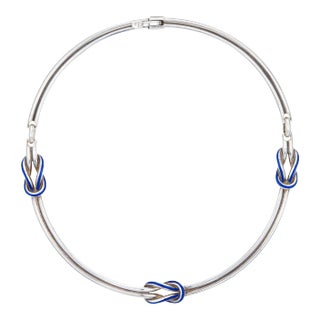 60s Vintage Gucci Hercules Knot Necklace Silver Blue Enamel Collar 18" For Sale