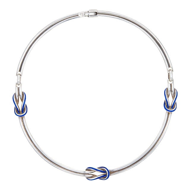60s Vintage Gucci Hercules Knot Necklace Silver Blue Enamel Collar 18" For Sale
