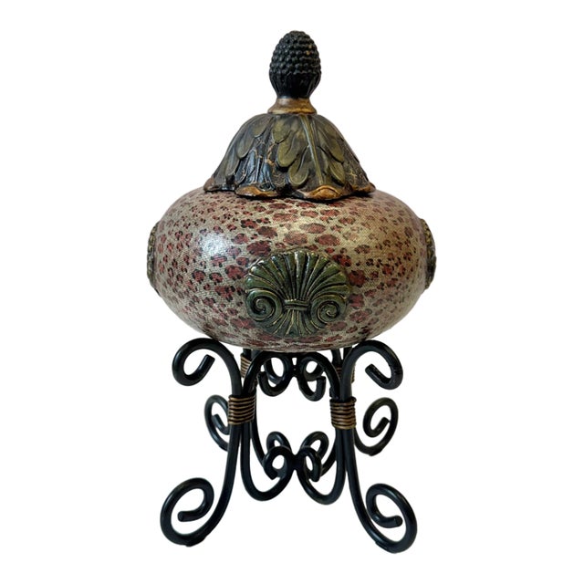 Vintage Decorative Leopard Pattern Box With Finial Lid by John Richard For Sale