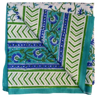 Green Floral Hand Block Textile For Sale