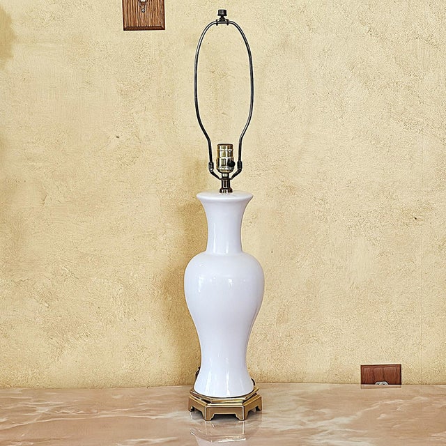 White Vintage Paul Hanson White Porcelain Table Lamp on Brass Pagoda Base, Usa For Sale - Image 8 of 18