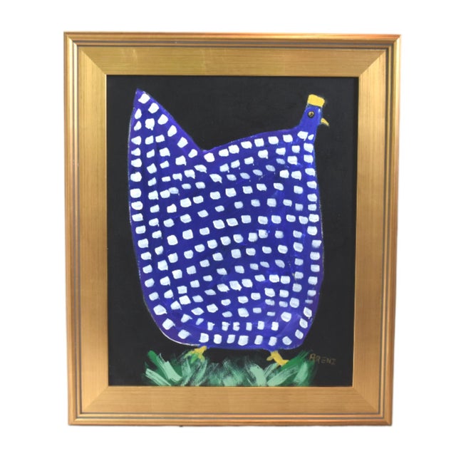 Blue and White Original Folk Art Chicken Hen Painting by Ruth Arenz Including the Antiqued Gold Wood Frame For Sale In Los Angeles - Image 6 of 6