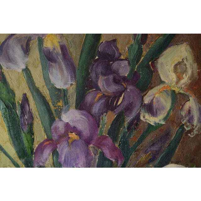 Wood Gladys T Smith Still Life of Flowers and Buddha Head Oil Painting For Sale - Image 7 of 15