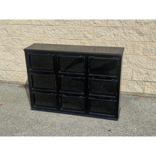 Industrial Late 20th Century Industrial Black Steel Nine-Door Glass-Front Apothecary or File Cabinet For Sale - Image 3 of 11