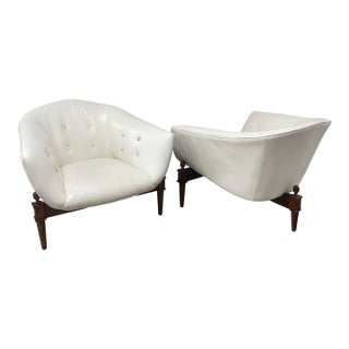 Art Deco Designed Walnut Stained Oak & White Buttoned Leather Club Chairs - A Pair For Sale