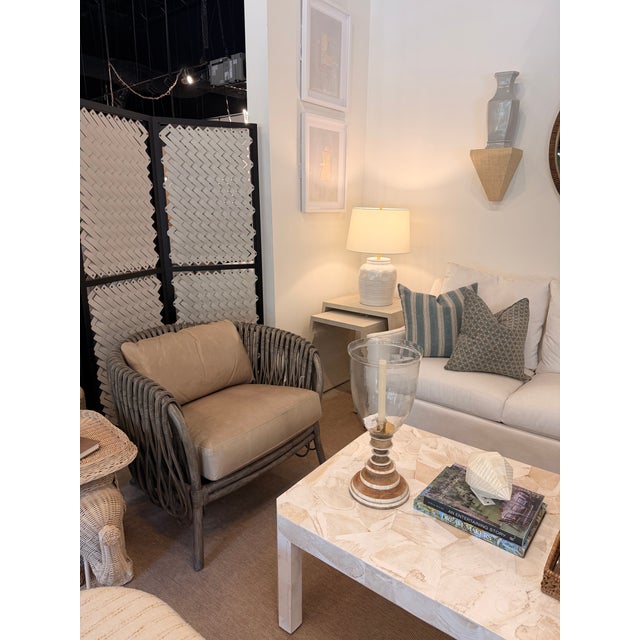 Early 21st Century Arteriors Taupe Leather and Rattan Lounge Chair For Sale - Image 5 of 7