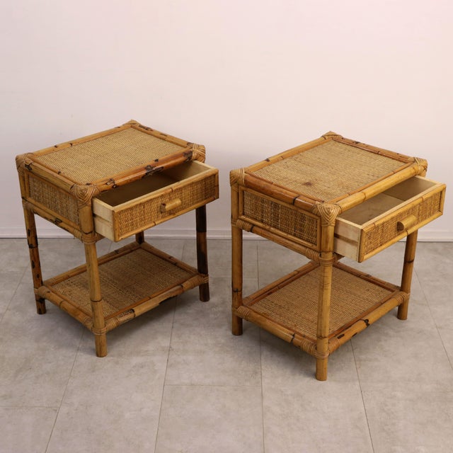 This refined pair of nightstands perfectly captures the exotic and sophisticated aesthetic of 1970s Italian interior...