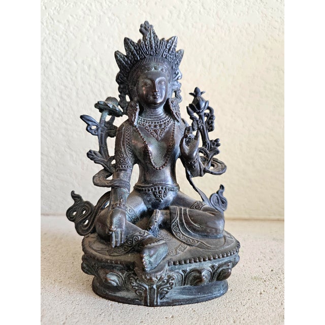 19th Century Tibetan Green Tara Bronze – Shyama Tara “Swift Liberator” – Himalayan Altar Sculpture For Sale - Image 11 of 12