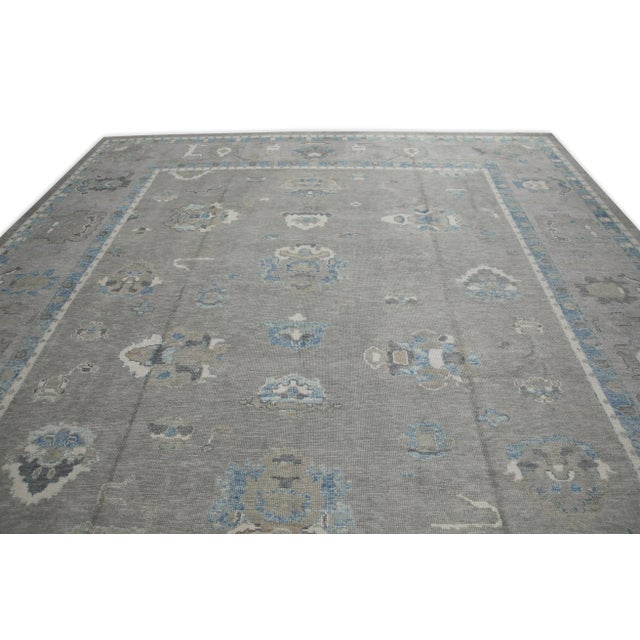 Early 21st Century Gray & Blue Floral Design Handwoven Wool Turkish Oushak Rug 11'6" X 15' For Sale - Image 4 of 8