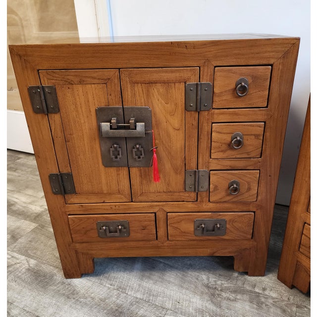 Chinoiserie Vintage Chinese Elm Apothecary Nightstands / Bedside Cabinets - A Pair For Sale - Image 3 of 18