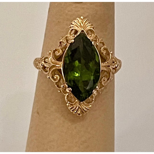 2010s 6 Ct Natural Marquise Cut Green Tourmaline Ring in 14 Karat Yellow Gold For Sale - Image 5 of 18