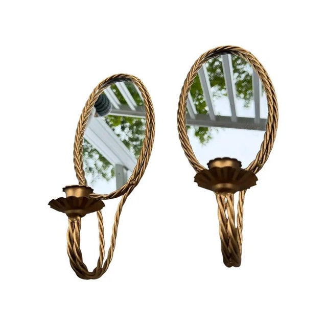 1960s Vintage Hollywood Regency Gold Rope Frame Mirrored Candle Sconces, Pair For Sale - Image 5 of 7