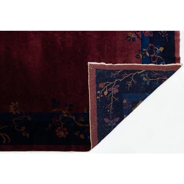 Art Deco Antique Chinese Art Deco Rug in Deep Burgundy Plum With Floral & Bird Border For Sale - Image 3 of 12