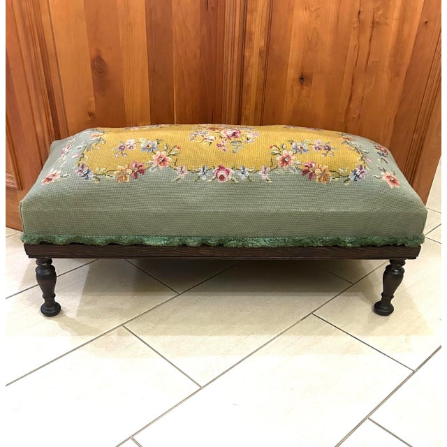 Victorian Antique, Extra-Long, Footstool, With Floral Needlepoint, Overstuffed Cushion, and Fluffy Trim, Hand Turned, Walnut Legs, Circa 1920’s For Sale - Image 3 of 8